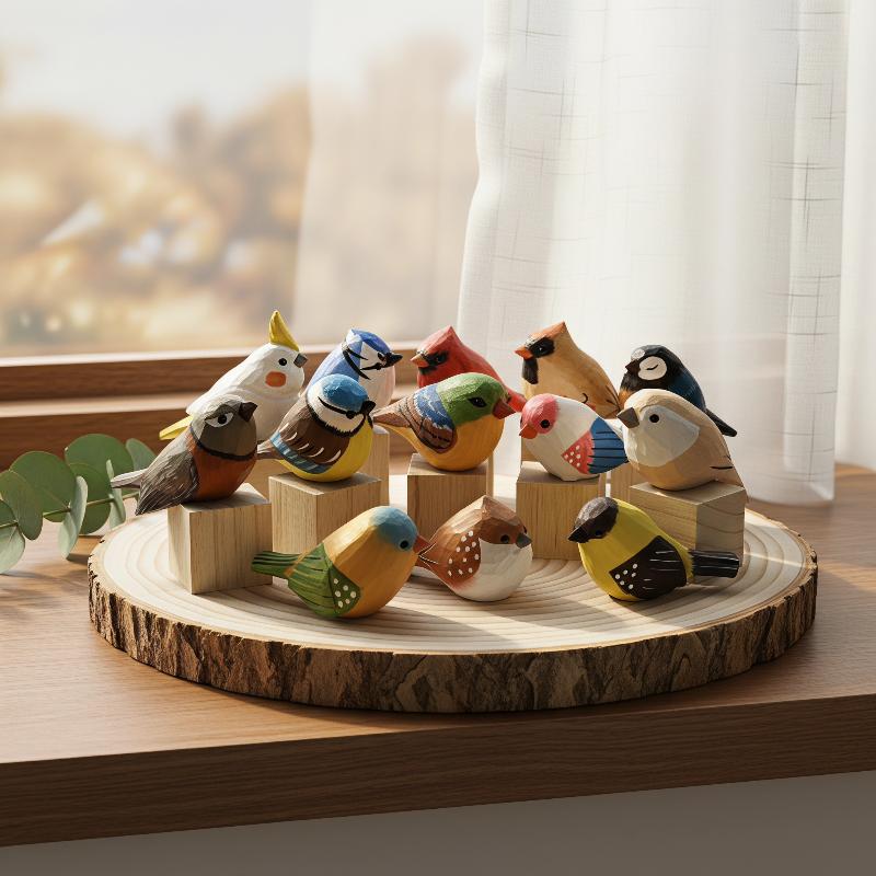 Vintage Collectibles Store - Kawaii handgesneden houten vogelfiguurtjes, kleurrijk handgeschilderd,